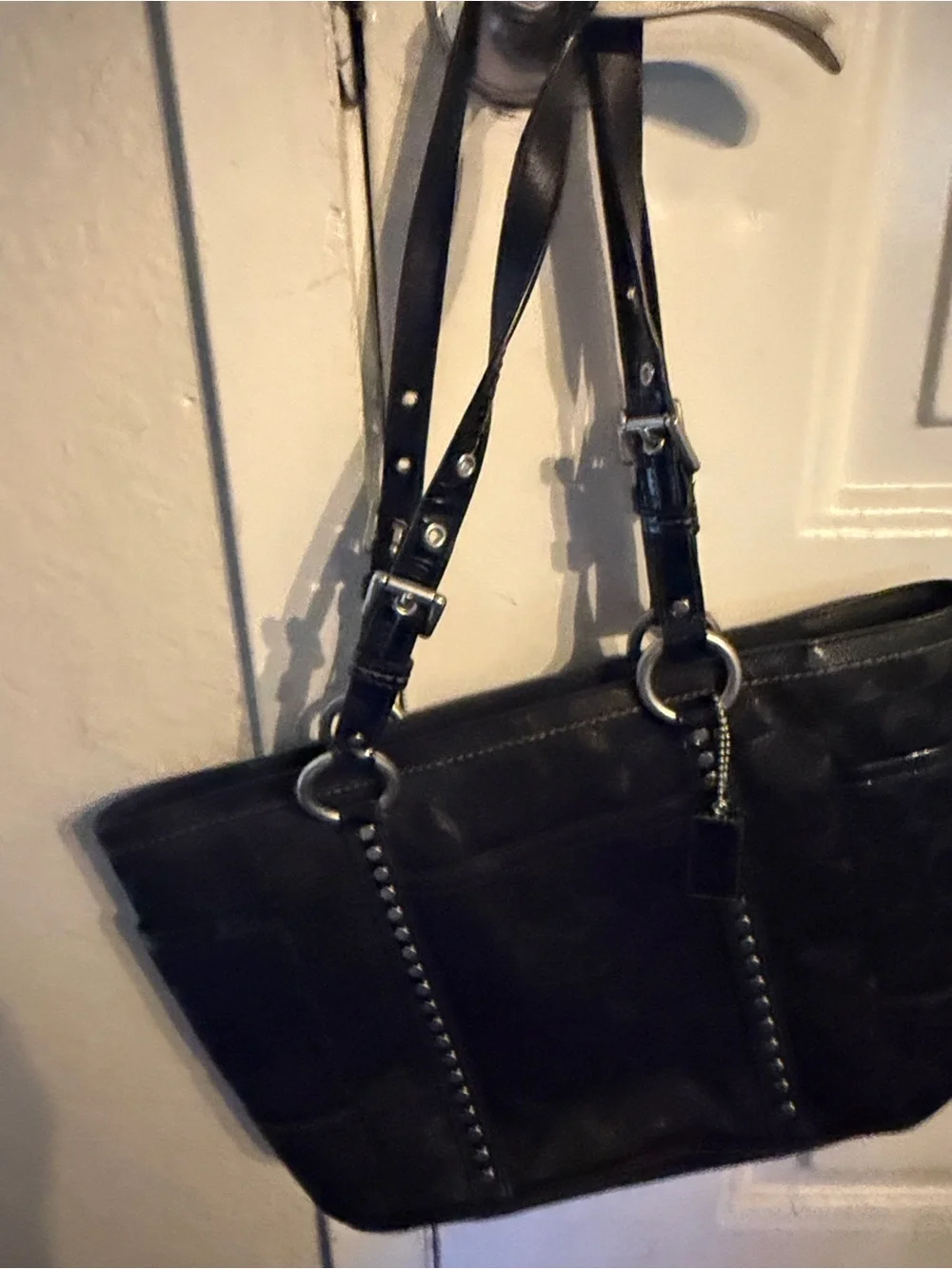 Black Signature Coach Tote Bag with Studded Trim